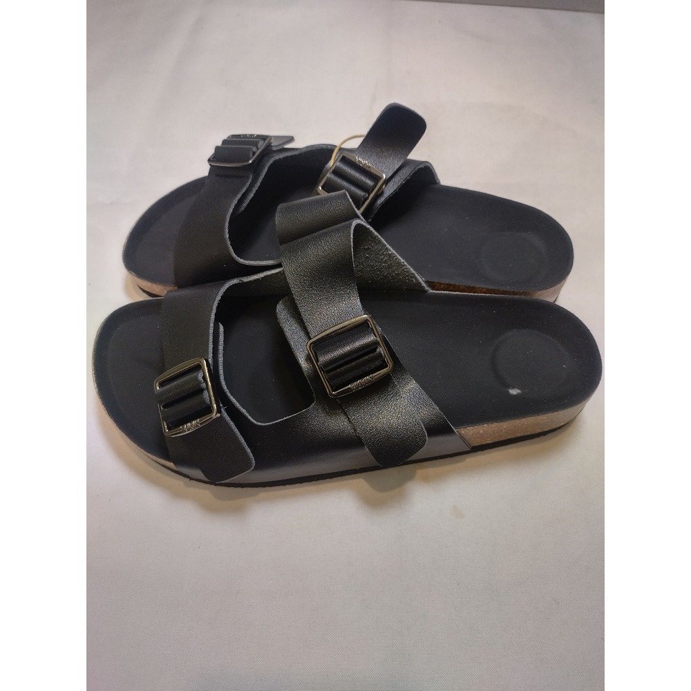ZURIN Collection Black Genuine Leather Platform Double Strap Buckle Sandal 7-7.5 - Picture 3 of 7
